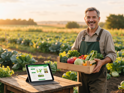 我的世界农场场景，显示玩家角色在农田中工作，有各种作物和动物